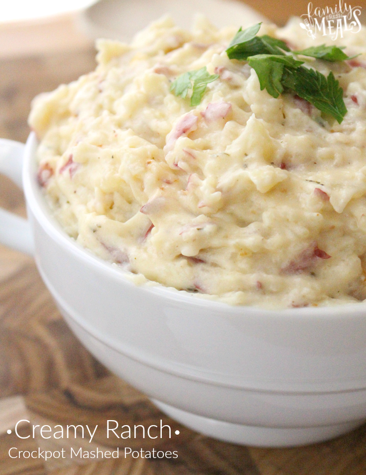 Creamy Ranch Crockpot Mashed Potatoes - FamilyFreshMeals.com --